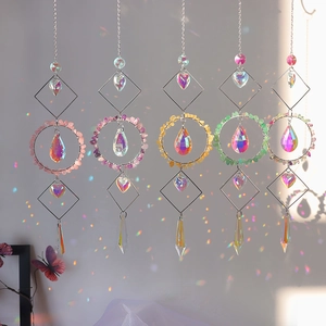 Natural Crystal Suncatcher Hanging Wind Chime Rainbow Maker With Metal Frame Geometric Crystal Pendant For Home Garden Window Decor
