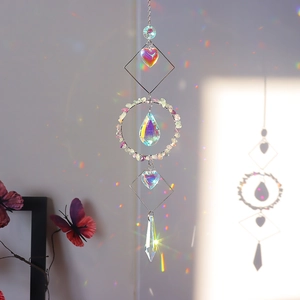 Rainbow crystal suncatcher with colorful crushed stones and metal diamond frame hanging
