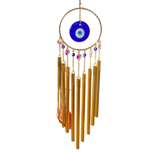 Bohemian Evil Eye wind chime with 10 golden tubes and blue crystal accents for garden