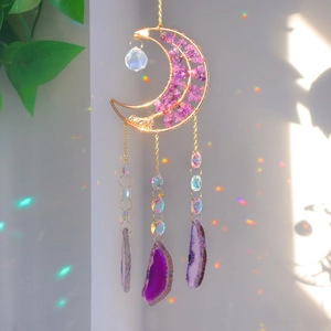 Handmade moon crystal suncatcher with purple agate slices and amethyst wire wrapped decor