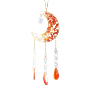 Natural agate moon sun catcher with golden frame and orange crystal stones hanging decor