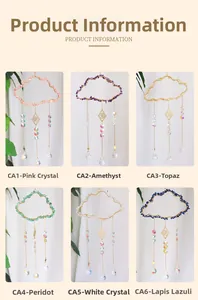 Detail view of 6 crystal suncatchers with natural stones and prisms in a grid layout