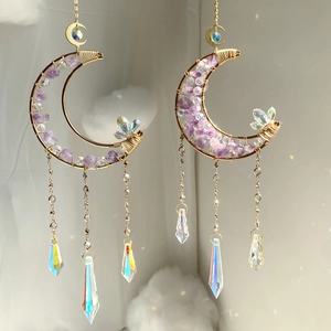 Golden moon wire-wrapped suncatcher with purple crystals and iridescent teardrop prisms