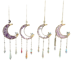 Set of four moon suncatchers with purple crystal stones and teardrop prism pendants