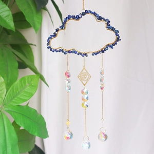 Cloud suncatcher with blue stones, gold frame, and prism crystal balls for garden decor