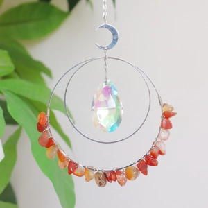 Moon Crystal Suncatcher Handmade Metal Hanging Ornament With Natural Stone Chips Rainbow Maker Window Home Decor