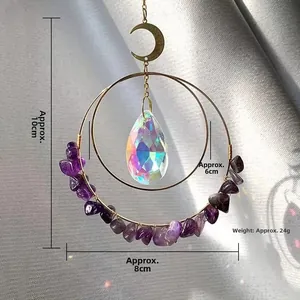 Detailed view of moon charm with purple crystals and dimensions 10x8cm specifications