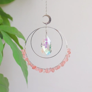Bohemian suncatcher with silver moon, colorful crystal droplet and rose quartz stones