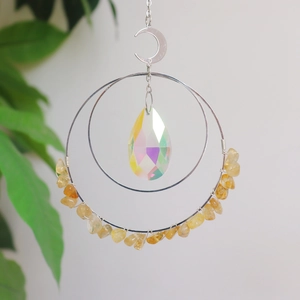 Handmade moon and sun catcher with crystal drop and raw yellow stones on silver rings