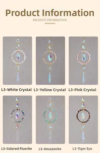 Detail of six crystal moon catchers with moon and star metal frames and colorful prisms