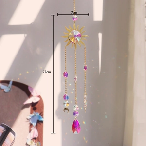 Detail of golden sun crystal suncatcher showing rainbow reflections and dimensions