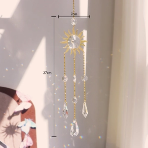 Detailed view of crystal suncatcher with gold sun charm and rainbow light reflections