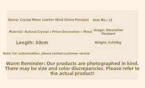 Specifications of crystal moon suncatcher wind chime showing materials and dimensions