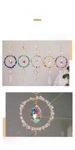 Macro shot of colorful crystal suncatchers with geometric gold metal frames and prisms