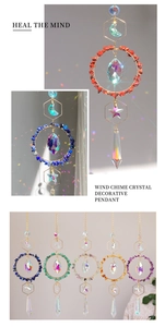Detail of crystal moon wind chime with colorful natural stones and rainbow prism light effect