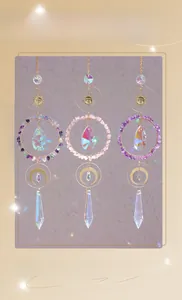 Macro detail of sun and moon crystal suncatchers with colorful prisms and natural stones