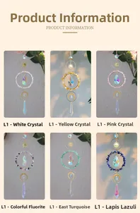 Detail view of crystal suncatchers with gold sun and moon geometric frames in sunlight