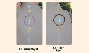 Detail of suncatchers featuring amethyst and tiger eye stones with crystal prisms