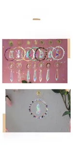 Detail of crystal sun catcher with colorful raw stones and hanging prism pendant