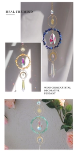 Three variants of crystal suncatchers with metal moon and sun accents on white curtains