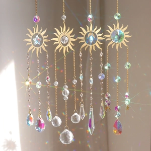 Set of 4 gold metal crystal suncatchers with celestial sun and moon designs for wall decor