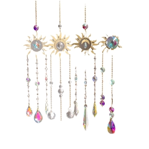 Set of four gold suncatchers with metal sun and moon frames and rainbow crystal prisms