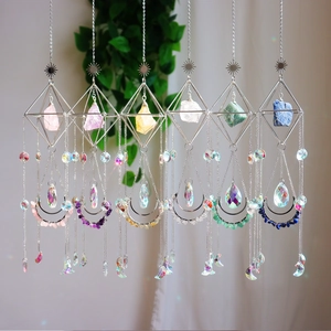 Μποέμ Μεταλλικό Suncatcher Με Φυσική Ακατέργαστη Πέτρα Κρυστάλλου Γεωμετρικό Κρεμαστό Διακοσμητικό Ήλιος Φεγγάρι Σπίτι