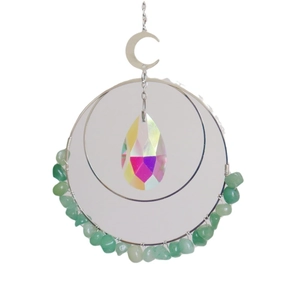 Bohemian silver metal suncatcher with crescent moon, iridescent crystal, and green stones