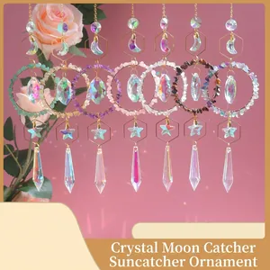 Bohemian Moon Star Crystal Suncatcher Hanging Wind Chime Rainbow Prism Maker Gold Alloy Geometric Home Garden Window Decor