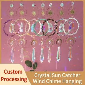 Crystal Suncatcher Wind Chime Natural Stone Amethyst K9 Crystal Prism Hanging Ornament Rainbow Maker Sun Moon Home Garden
