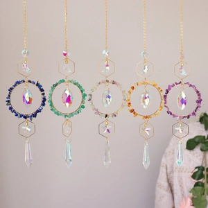 Set of five moon-shaped suncatchers with colorful crystals and gold hanging chains
