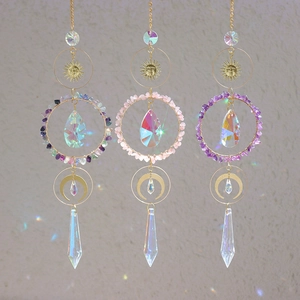 Three-piece gold crystal suncatcher set with amethyst stones and prism droplets