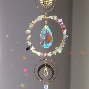 Bohemian sun and moon crystal suncatcher with natural raw stones and rainbow prism ball
