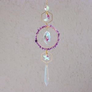 Bohemian crescent moon suncatcher with purple amethyst crystals and gold frame