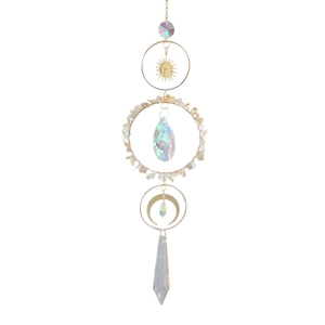 Bohemian crystal sun catcher with gold metal moon sun symbols and rainbow prism pendants