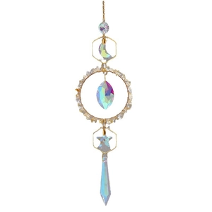 Modern gold sun catcher with crescent moon and rainbow crystals for garden decor