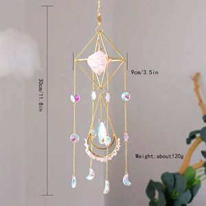 Pink amethyst suncatcher with gold rhombus frame and crystal droplets for home decor