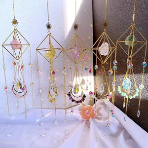 Modern suncatcher set with geometric metal sun moon shapes and natural raw gemstones