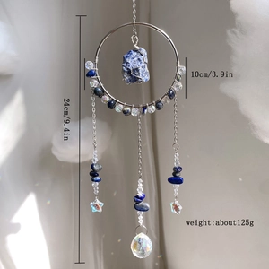 Bohemian sun catcher with blue raw stone and crystal pendants for garden home decor