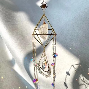 Macro detail of geometric sun catcher with purple crystal and rainbow light reflections