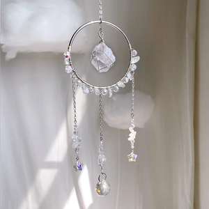 Detailed suncatcher with silver ring, natural raw quartz, and hanging crystal prism ball