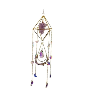 Rhombus metal suncatcher with natural amethyst stone and crystal prism pendant