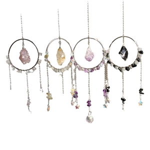 Modern minimalist rainbow crystal suncatcher set with natural raw gemstones and metal rings