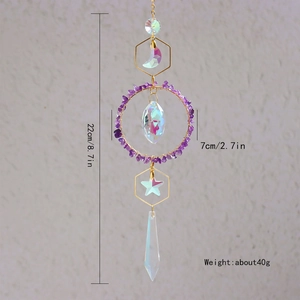 Bohemian crystal moon suncatcher with gold geometric frame and purple stones for home decor