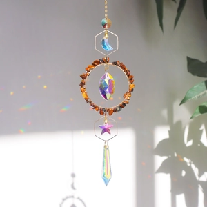 Crystal moon suncatcher wind chime with tiger eye stones and rainbow light refraction
