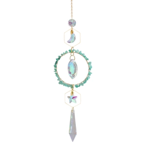 Hanging crystal moon catcher wind chime with green gemstones and gold metal moon stars