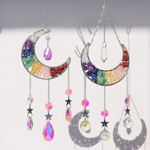 Bohemian Moon Crystal Suncatcher Natural Stone Seven Chakra Beads Silver Metal Wire Wrapped Window Hanging Ornament Home Decor