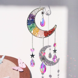 Handmade moon suncatcher with rainbow natural stones and crystal drop pendant decor