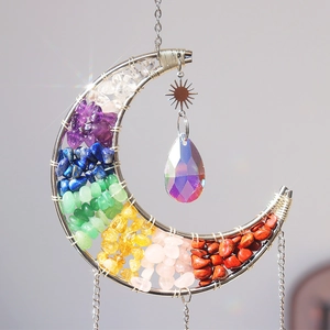 Detailed moon-shaped crystal suncatcher with natural colorful stones and silver chain