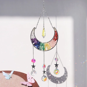 Bohemian moon sun catcher featuring colorful healing stones and faceted crystal pendants